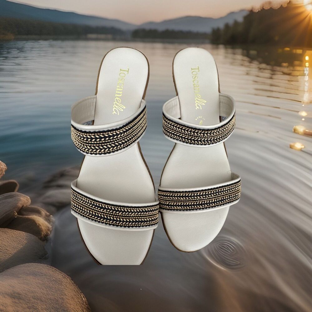 Toscanella Handmade Italy Ella Cream with Gold Black Accent Wedge  Sandal SZ 9.5